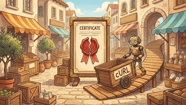 A brass robot wheels a wooden handcart lettered cURL up a plank ramp that runs around a tall certificate board standing across a sunlit market road, the board's red wax seal cracked in half.