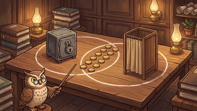 An owl in round spectacles holds a long pointer to two large chalk circles drawn on a table, an iron strongbox with a heavy padlock standing inside the left circle, a curtained booth with its curtain drawn inside the right, and ten brass discs laid in two rows of five where the circles overlap.