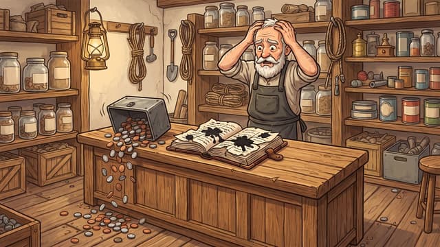 An elderly shopkeeper in a dark apron stands with both hands raised to his head over an open ledger whose pages are torn and blotted with ink, while coins pour off the counter edge from an overturned cash box onto the floorboards.