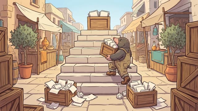 A mole in canvas overalls carries a crate of papers up a flight of eight stone steps in a sunlit market square, crates of crumpled loose papers spilling at the foot of the steps and a crate of neatly squared documents standing at the top.