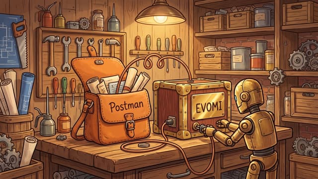 A golden robot connects a looped cable into a wooden box labeled "EVOMI" on a workbench beside an open leather satchel labeled "Postman" filled with rolled documents, surrounded by wall-mounted tools, oil cans, blueprints, and gears.