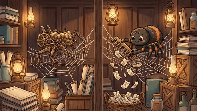 A vertical wooden beam splits a room into two side-by-side compartments, featuring a mechanical brass spider crawling across a web on the left and a fluffy cartoon spider scraping small papers off a web with a comb into a basket on the right amidst books and lanterns.