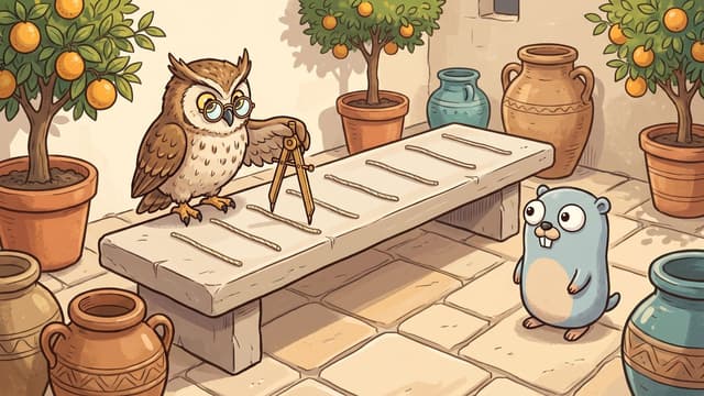An owl wearing eyeglasses stands on a long stone bench and uses a pair of calipers to measure one of seven pieces of rope laid side by side, while a small blue gopher stands on the courtyard floor watching nearby among potted orange trees and clay urns.