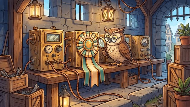 An owl wearing round eyeglasses holds a magnifying glass to inspect four metallic devices equipped with dials and cables on a long wooden workbench inside a stone workshop, with a large teal and yellow award ribbon attached to one of the central machines.