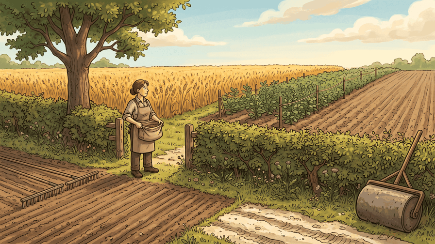 A woman in an apron standing at the edge of her own bare, freshly harrowed strip of field with a seed bowl held in both hands, looking across at her neighbours’ strips of ripe wheat and staked green rows.