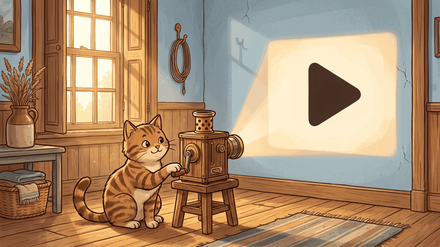 A tabby cat turning the crank of a small brass-and-wood projector on a stool, throwing a bright rectangle onto the pale blue wall with a large dark play triangle in the middle of it.