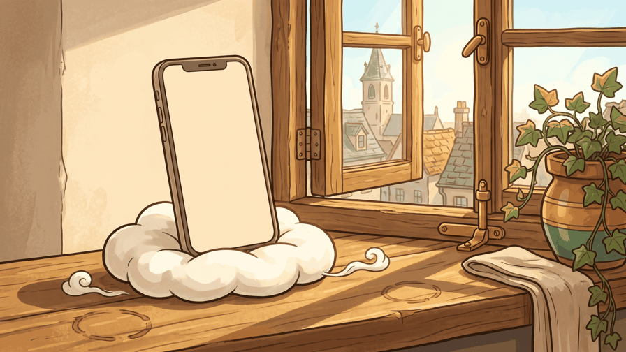 A plain unbranded handset standing upright with a completely blank cream screen, resting on a small white cloud used as a cushion on a broad wooden windowsill, an open casement beside it looking out over tiled roofs and a church spire, with an ivy plant in a glazed pot.