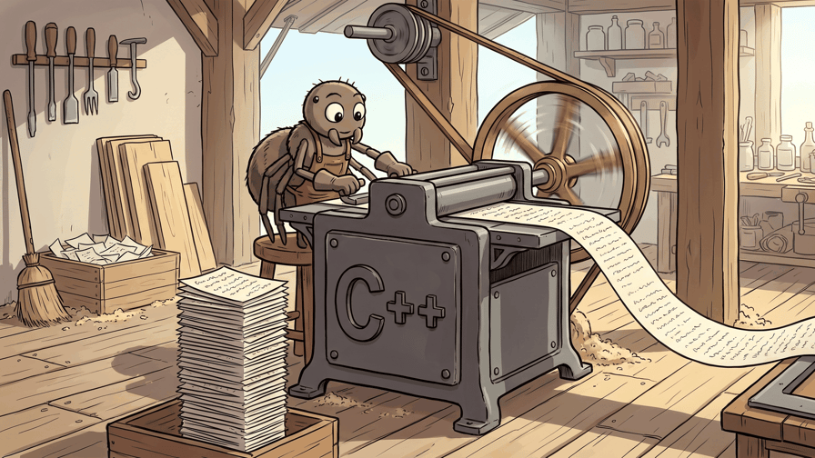 A cartoon spider working at a cast-iron machine with a spinning flywheel and belt drive, the characters C++ raised on its front plate, a long paper strip covered in fine ink marks running out of its rollers across the floor of a timber workshop, with a tall stack of printed sheets in a crate beside it.