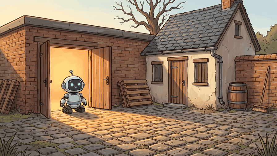 A small round robot standing in the open doorway of a brick shed lit warm amber from inside, a stone cottage with a slate roof and closed timber shutters standing dark and shut beside it across a cobbled yard, with stacked pallets, a barrel and a broom around them.
