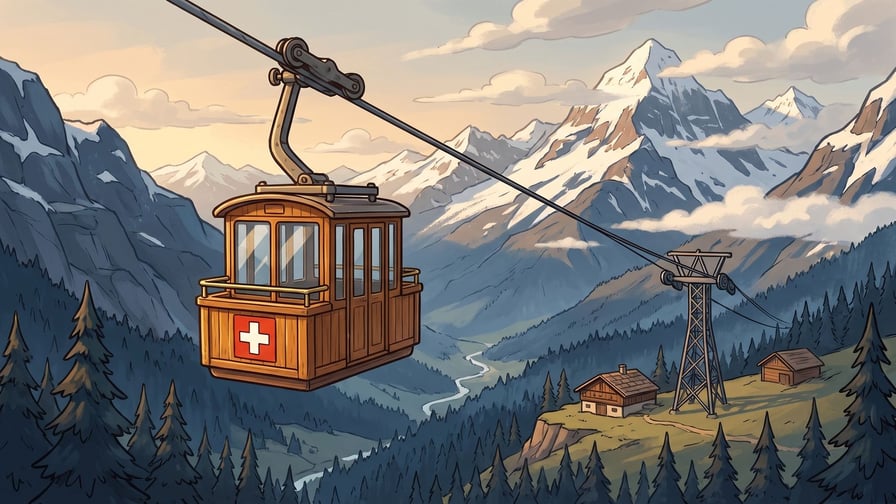 A wooden cable car hanging from a single steel cable high over a forested alpine valley, a white cross on a red panel on its side, with a lattice steel pylon, a chalet and a barn on the green shoulder at the right and snow-covered peaks and cloud beyond.