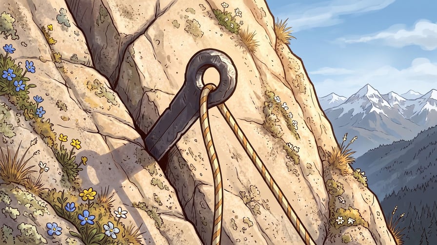 A heavy dark iron ring bolt driven into a slab of pale granite on a mountainside, two lengths of pale twisted rope threaded through its eye and running down out of the frame, with alpine flowers in blue, yellow and white in the turf at the left, tufts of dry grass in the cracks and snow-covered peaks and dark forest in the distance at the right.