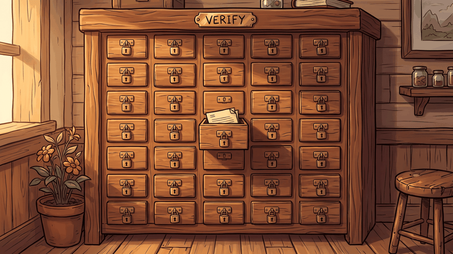A tall wooden chest of many small drawers, each drawer with its own brass padlock, one drawer open a crack