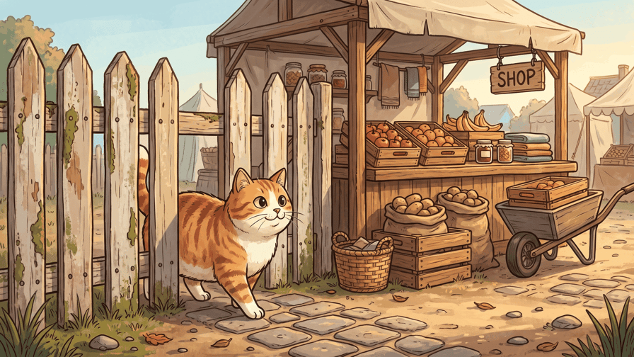 A cartoon cat squeezing through a gap in a picket fence towards a laden market stall with a board hand-lettered SHOP
