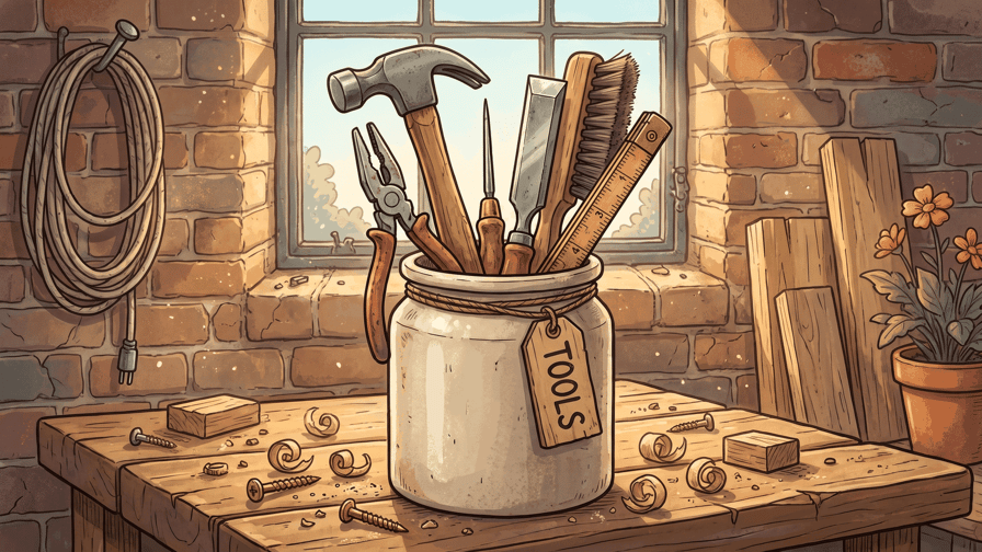 A stoneware crock of assorted different hand tools standing upright, a wooden tag hand-lettered TOOLS