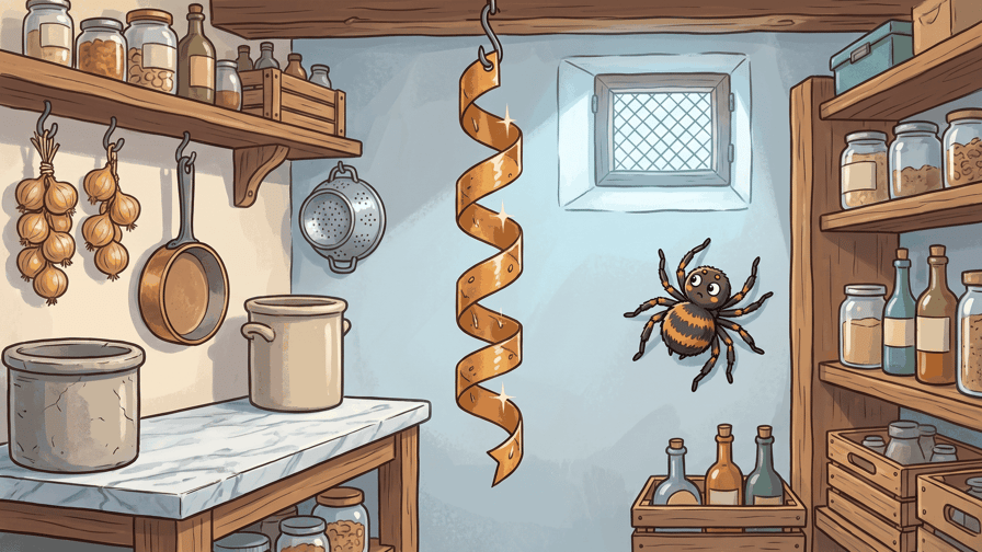 A cartoon spider leaning away from a long amber spiral of sticky fly-paper hanging in a pantry