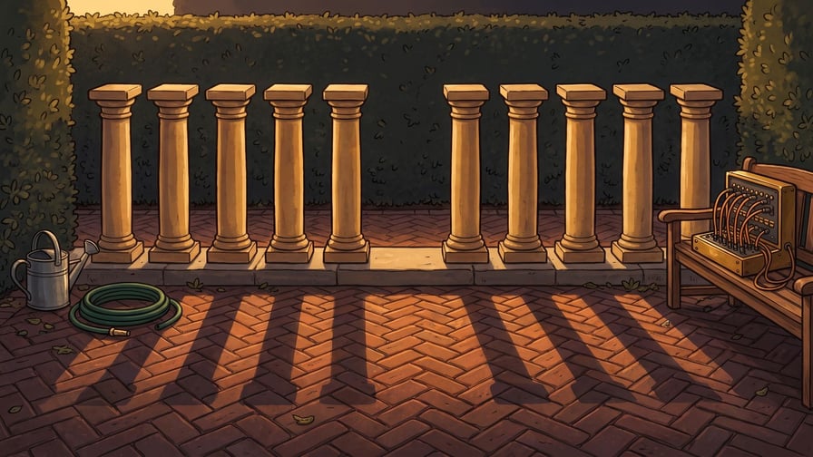 Ten honey-coloured stone pillars with square caps standing in one row along a low step in a red brick courtyard, set out as two groups of five with a wider gap between the groups, each pillar throwing its own long shadow across the brick, with a dark clipped hedge behind them, a watering can and a coiled hose at the left and a brass switchboard of amber cords lying open on a bench at the right.