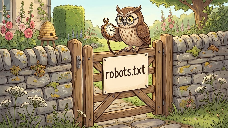 An owl in round spectacles standing on the top rail of a wooden field gate holding up a brass pocket watch on a chain, a cream board fixed across the gate lettered robots.txt in dark brown, with dry stone walls to either side and hollyhocks, cow parsley and a straw beehive in the cottage garden behind.