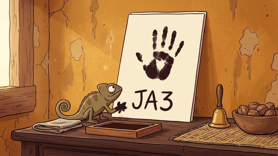 A green chameleon on a dark wooden dresser top reaching up to a large cream card propped against the wall, the card carrying one black inked handprint with JA3 hand-lettered beneath it in dark brown, with a shallow wooden ink tray and a folded cloth on the dresser and a brass hand bell and a bowl of walnuts at the right.