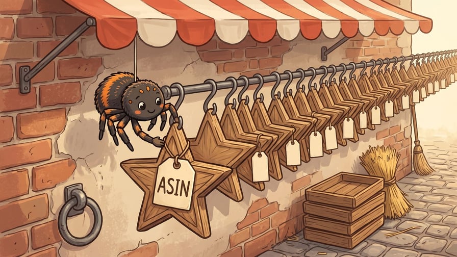 A brown and orange spider clinging to a steel rail under a red and white striped awning, lifting one carved wooden star that carries a stiff cream tag lettered ASIN in dark brown, with a long row of identical stars and blank price tickets hanging away down the rail into the distance, a brick wall behind and stacked empty crates and a broom at the right.
