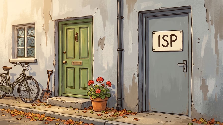 An ordinary green cottage door with a stone step, a geranium in a terracotta pot and a bicycle leaning under the window, beside a plain grey steel door in the same weathered render carrying a cream enamel plate lettered ISP in dark brown, with a cast iron downpipe between the two doors and fallen leaves along the pavement.