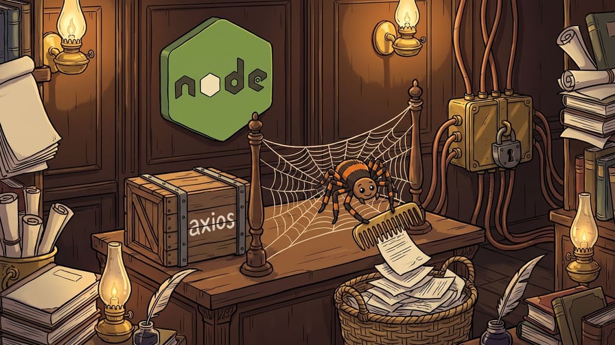 A striped spider sits inside a web spun between two wooden posts on a desk, using a comb to scrape sheets of paper into a woven basket below a green hexagonal "node" logo and a crate labeled "axios", beside a padlocked metal box with attached cables.