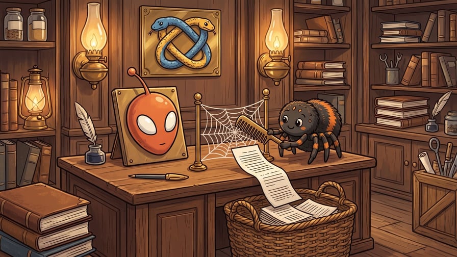 A small cartoon spider on a wooden desk holds a comb to a web suspended between two posts, pulling a printed paper scroll into a woven basket next to a framed orange alien face icon, while a gold plaque displaying two intertwined blue and yellow snakes hangs on the wall of a cozy library.