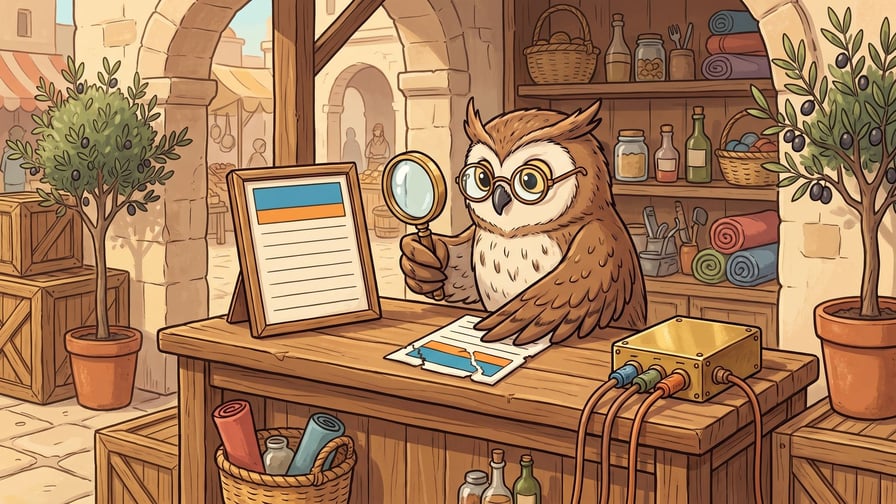 An owl wearing round eyeglasses sits behind a wooden desk holding up a magnifying glass to examine a framed document displaying blue and orange header stripes, while resting a wing on a torn paper with identical colored stripes next to a metal box connected to several cables.
