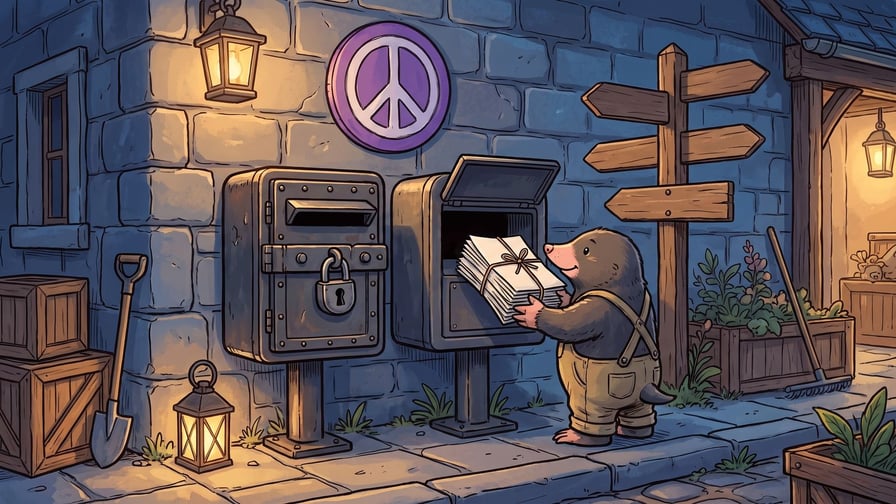A small mole wearing yellow overalls inserts a tied stack of envelopes into an open metal mailbox, standing beside a second mailbox secured with a large padlock against a stone wall featuring a purple circular peace sign symbol and a wooden directional signpost pointing in multiple directions.