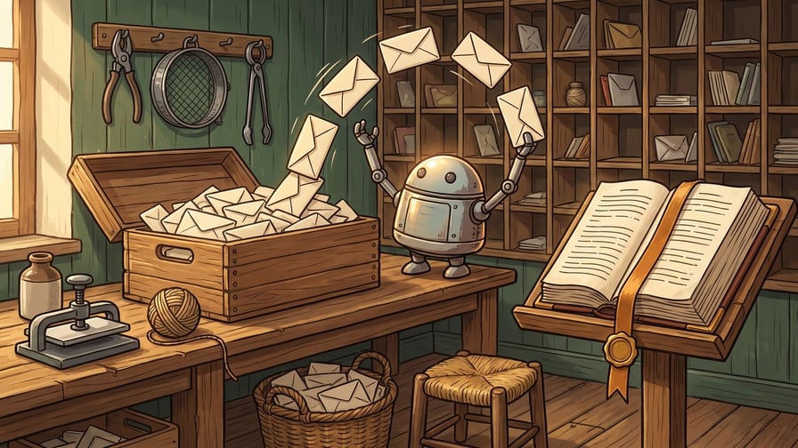 A small round robot standing on a workbench in a sorting room, drawing cream envelopes up out of an open wooden crate packed with them, five envelopes in the air around its raised hands, with a large open law book on a lectern with a ribbon marker and a wax seal at the right, a wall of pigeonholes stuffed with letters behind, a rack of pliers and tools above the bench at the left, a letter press and a basket of envelopes below.