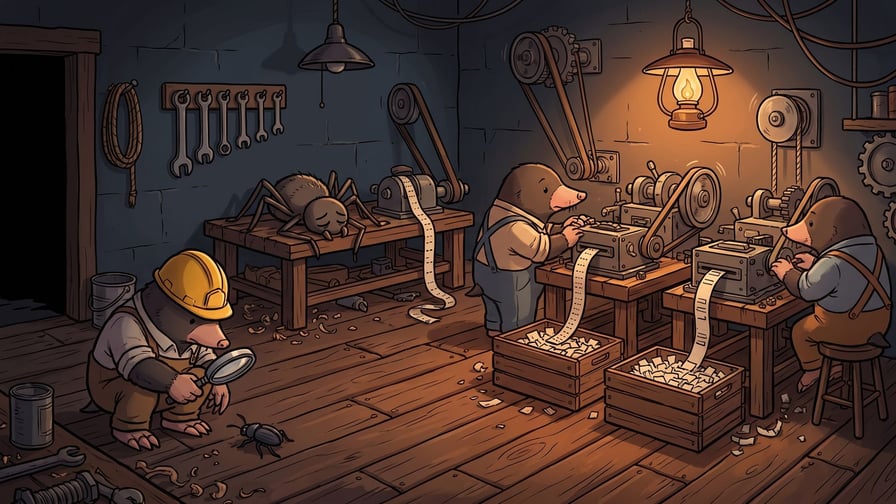 Three moles wearing overalls work in a dimly lit, gear-filled workshop, where one wearing a yellow hardhat inspects a small beetle on the floor with a magnifying glass, two operate mechanical paper-printing machines, and a large spider lies motionless across a wooden workbench in the background.