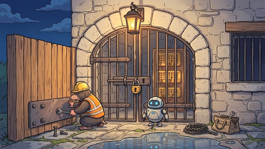 A mole wearing a yellow hard hat and high-visibility vest uses a wrench to fasten bolts onto a metal plate on a wooden fence beside a small, glowing-eyed robot standing in front of a locked iron gate, which reveals a glowing server rack inside a stone archway at night.
