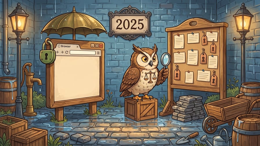 An owl with a scales symbol on its chest stands on a wooden box holding a magnifying glass, positioned between a wooden web browser frame with a tab reading "Browser" under an umbrella and a bulletin board covered in pinned notes and key tags, set against a brick wall with a plaque displaying "2025".
