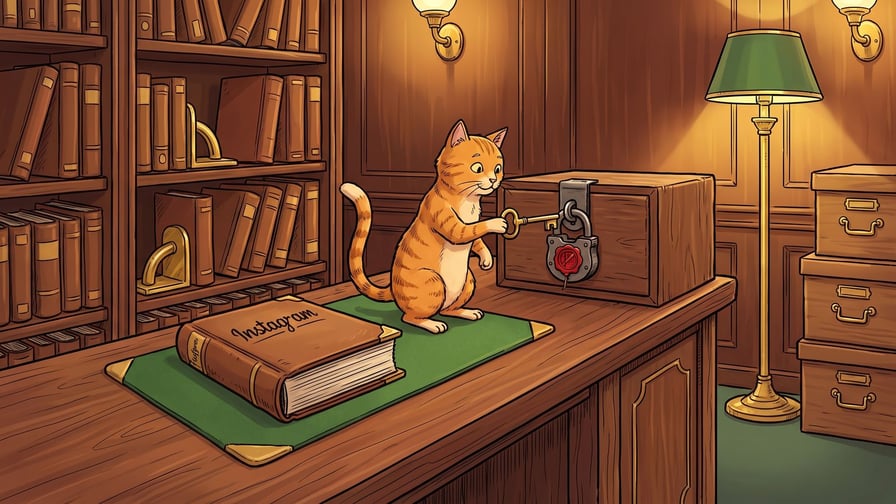 An orange tabby cat stands on a wooden desk and inserts a golden key into a heavy padlock securing a wooden chest, right next to a thick leather-bound ledger featuring the handwritten word "Instagram" on its cover in a library with bookshelves.