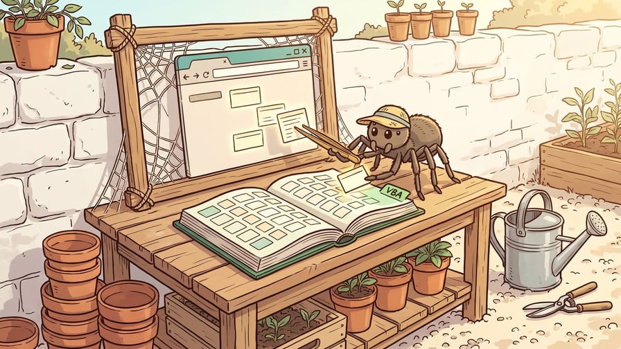 A spider mascot wearing a sun hat uses wooden tweezers to pluck a small extracted data card from a web browser frame prop and place it into an open green ledger book featuring exact lettering 'VBA' on a wooden garden bench.