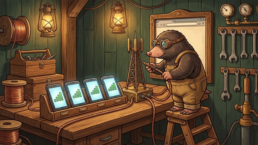 A mole in canvas overalls holds a cable connector at the brass base of a miniature cell tower, beside a wooden rack of four glowing smartphones showing cellular signal bars, in front of a wooden browser-window frame.