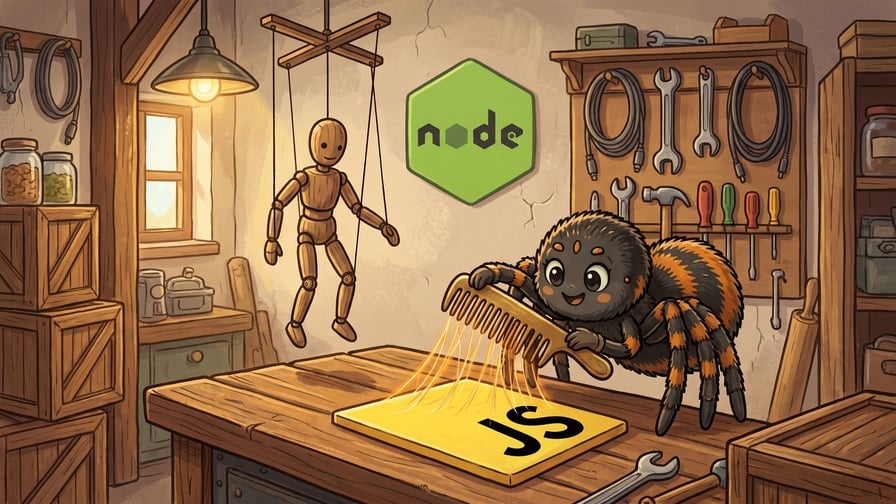 A cartoon spider on a workshop bench draws a brass comb down a bright yellow square plaque lettered JS, lifting strands of glowing web silk off it, with a wooden marionette hanging from a crossed control bar above and a green hexagon plaque lettered node on the wall behind.