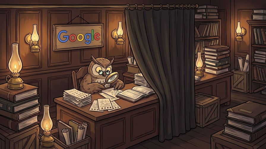 An owl in round spectacles bends over a desk in a lamplit panelled hall holding a brass magnifying glass above spread papers and open ledgers, a heavy curtain drawn across in front of the desk and a signboard lettered Google in its blue, red, yellow and green colours on the wall behind.