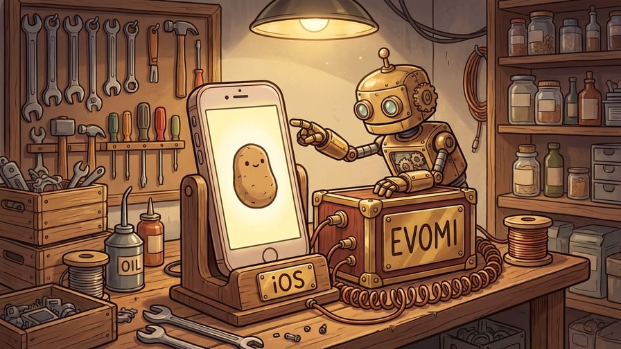 A brass robot presses a fingertip to the screen of a slab handset standing in a wooden cradle lettered iOS, the screen showing a plump brown potato, with copper cords running to a brass and mahogany box lettered EVOMI.