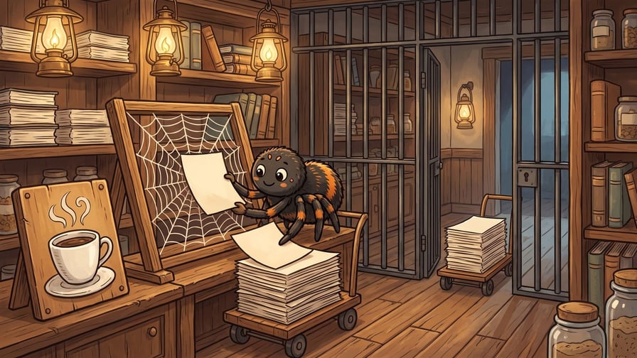 A cartoon spider pulls a printed page off a web frame onto a stack of paper in a lamplit panelled hall, while a trolley loaded with pages rolls through the single open gap in a barred iron barrier, a plaque of a white steaming coffee cup propped on the counter.