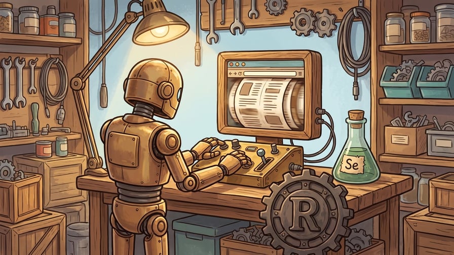 A brass robot works a small control desk wired to a wooden browser-window prop with pages flicking past inside its frame, a dark iron cogwheel bearing a capital R leaning against the bench and a green glass flask labelled Se standing beside it.