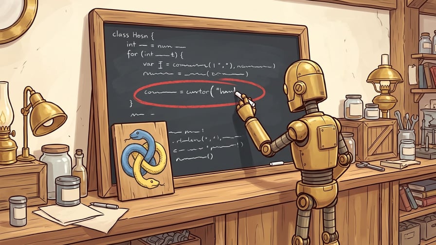 A brass robot holds a stick of chalk to a slate of chalked code lines, writing inside a heavy red loop drawn around one line, with a plaque of two interlocking blue and yellow snakes propped against the slate.