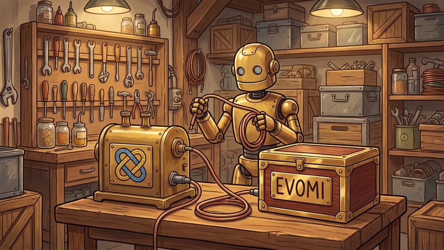 A golden robot stands at a wooden workbench inside a workshop, connecting an orange cable between a brass machine displaying a blue and yellow Python mark and a wooden chest bearing a brass plaque labeled "EVOMI".