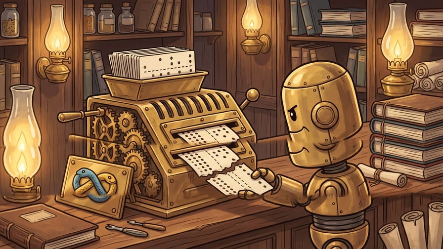 A small golden brass robot pulls a torn strip of punched paper tape from an antique mechanical calculating machine featuring a blue and yellow intertwined snake emblem on its side, inside a library filled with bookshelves, scrolls, and glowing oil lamps.