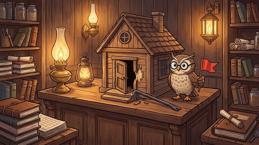 A cartoon owl wearing glasses stands on a wooden desk holding a small red flag next to a miniature wooden house featuring an open front door, broken wall, and a crowbar lying in front of it amidst lit oil lamps and bookshelves.