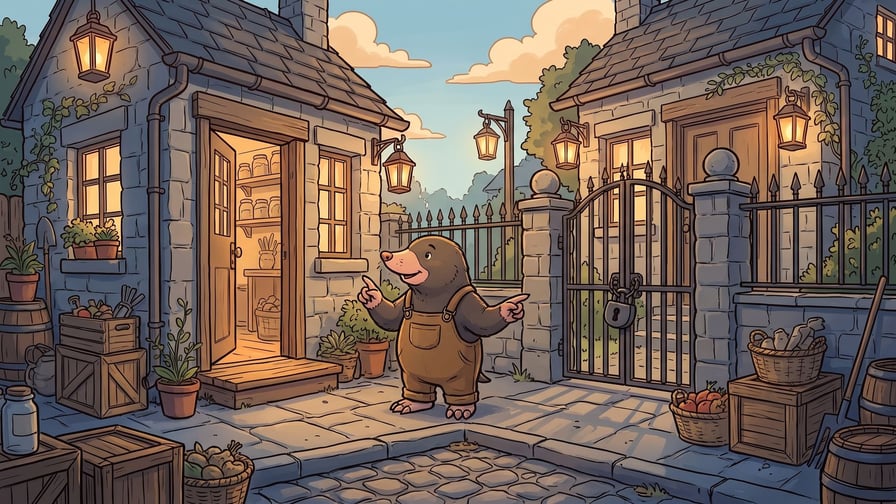 A mole character wearing brown overalls stands in a paved stone courtyard between two buildings, pointing one hand toward an open door showing a brightly lit interior on the left and pointing his other hand toward a locked iron gate secured with a padlock on the right.