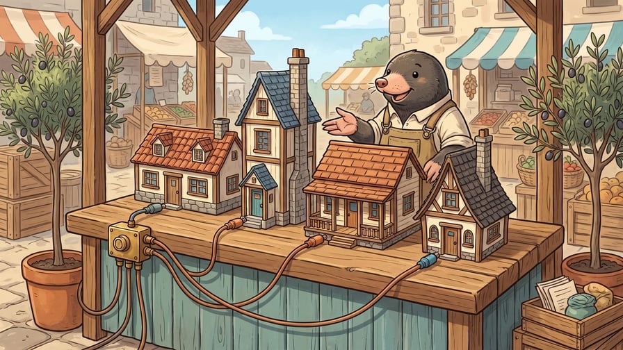 An anthropomorphic mole wearing an apron stands behind a wooden counter in an outdoor market, gesturing with an open hand toward four distinct miniature house models, each connected by an orange cable to a small junction box mounted on the side of the table.