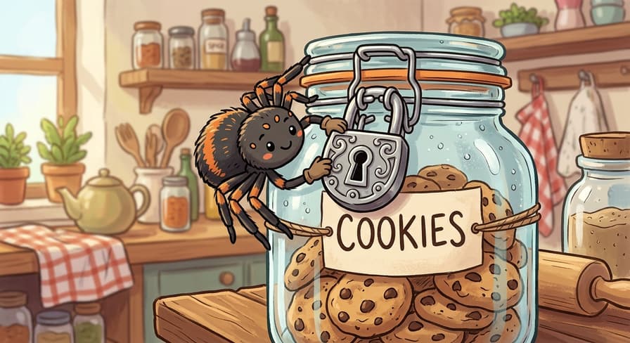 A cartoon tarantula on a kitchen worktop reaching for the padlocked clasp of a big glass jar of cookies, a label tied across the front lettered COOKIES