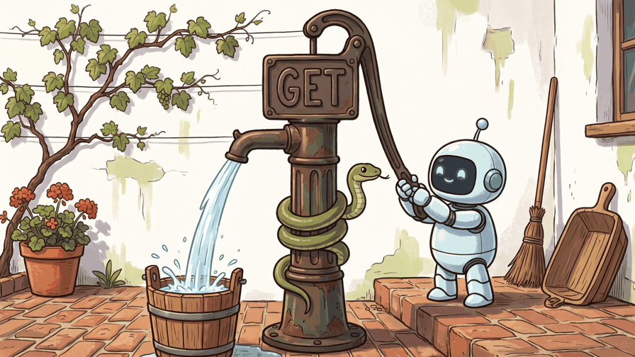 A small round robot pulling the handle of a rusted cast-iron hand pump whose plate reads GET, water arcing from the spout into a wooden bucket while a green snake coils round the pump column.