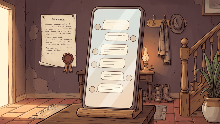 A large handset standing upright in a wooden cradle on a hall table, its screen filled with a stacked column of blank ruled speech bubbles alternating left and right, and on the plum-brown plaster wall behind it a parchment notice pinned flat at both top corners with a dark red wax seal and ribbon at its foot, with a coat hook, hat, scarf, oil lamp, boots and a staircase around it.