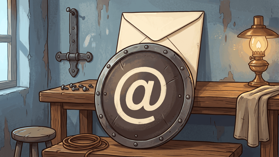 A round riveted dark-iron shield standing on a wooden bench with a large cream at-sign painted across its face, a cream envelope propped upright behind it, a lit brass oil lamp at the right, a coil of cord and a stool below, in a room of worn blue-grey plaster.